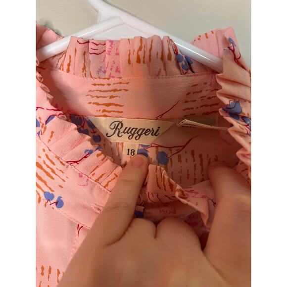 1960s Ruggeri Petal Pink Blue Floral Oriental Feminine Coquette Ruffle Shirt XL - Picture 2 of 6